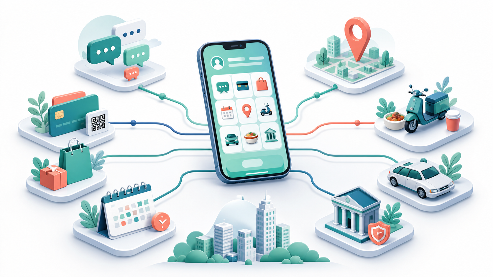 A central smartphone connects messaging, payments, shopping, calendar, transportation, maps, and services in one ecosystem.